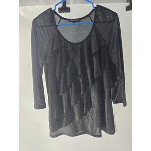 Notations Womens Coal Black Metallic Shimmer Ruffle Mesh Top MKWU0332 New